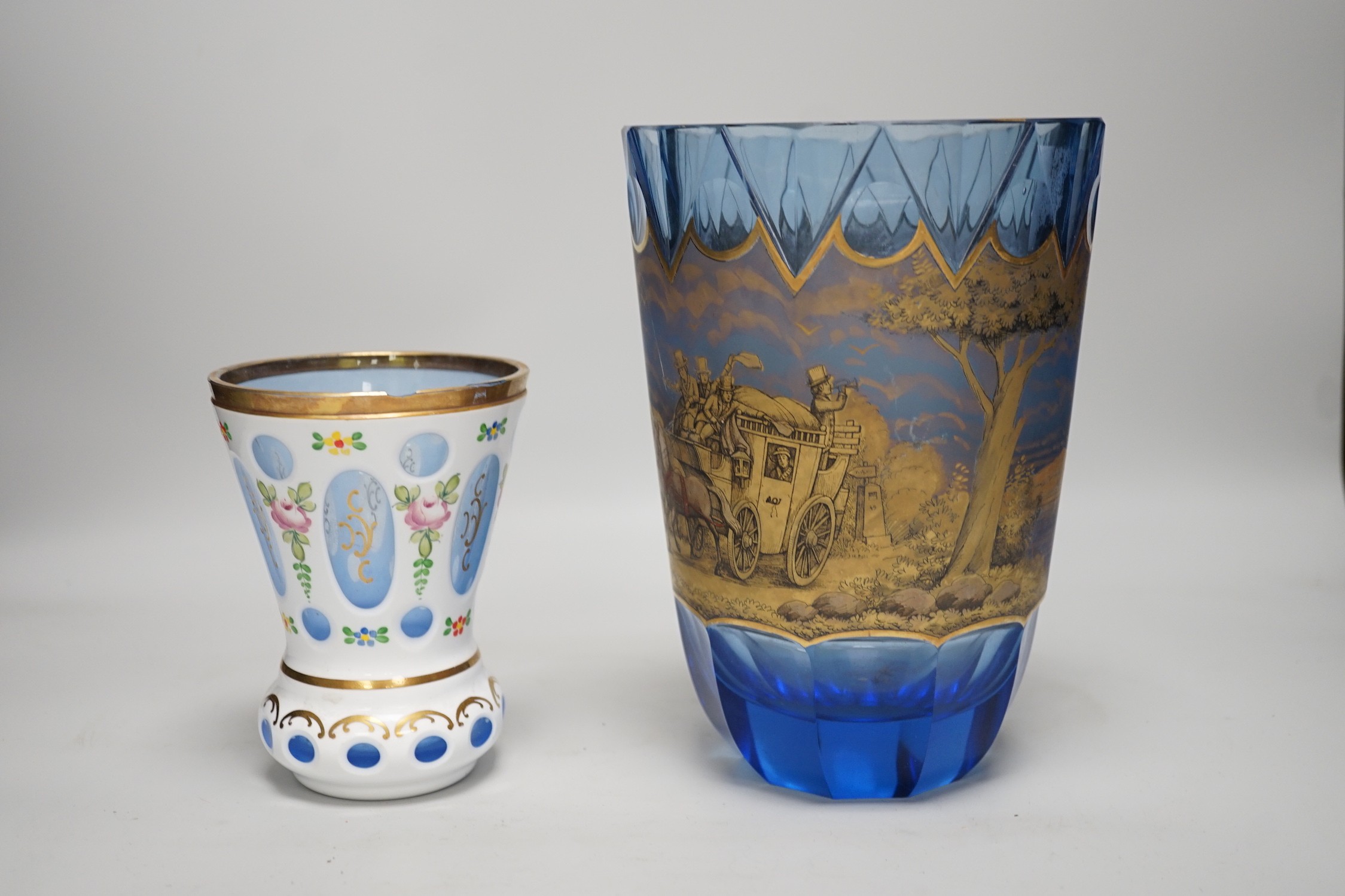 Two Bohemian glass vases, The largest blue glass vase in a mood with a horse and carriage scene, possibly Moser, tallest 21cm